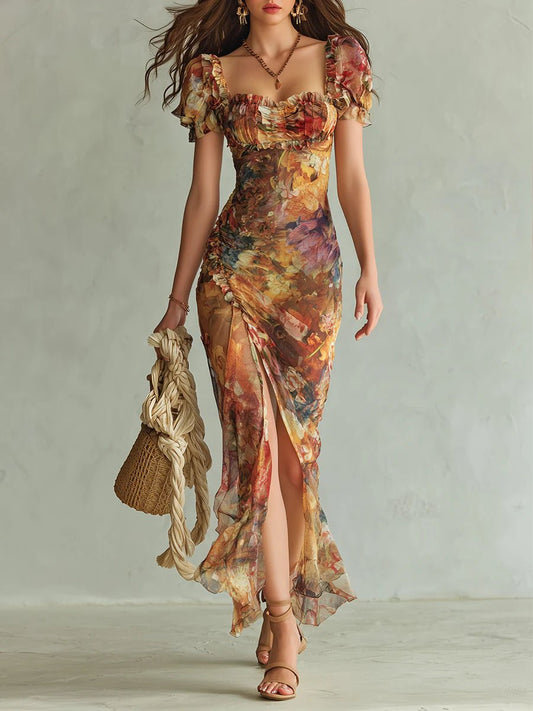 Women's Ruched Sweetheart-Neck Floral Maxi Dress - Autumn Wedding Guest