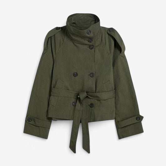 Women's Short Double-Breasted Trench Coat with Stand Collar