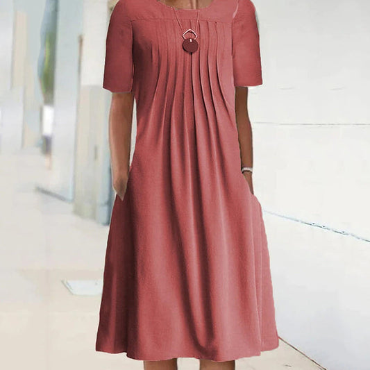 Women's Solid Pleated Round-Neck Long-Sleeve Dress