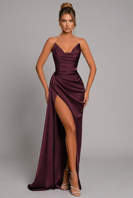 Women's Strapless Ruched Sweetheart High-Slit Maxi Dress