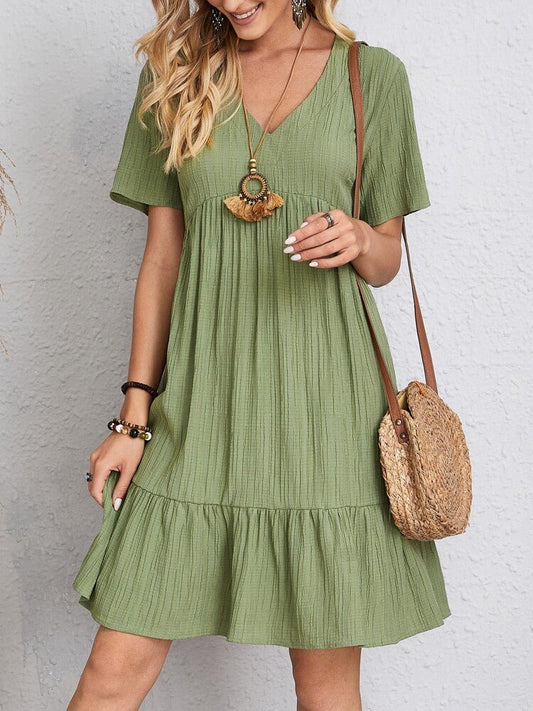 Women's V-Neck Short-Sleeve Babydoll Swing Dress