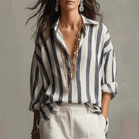 Women's Vertical Stripe Blouse with Open Collar