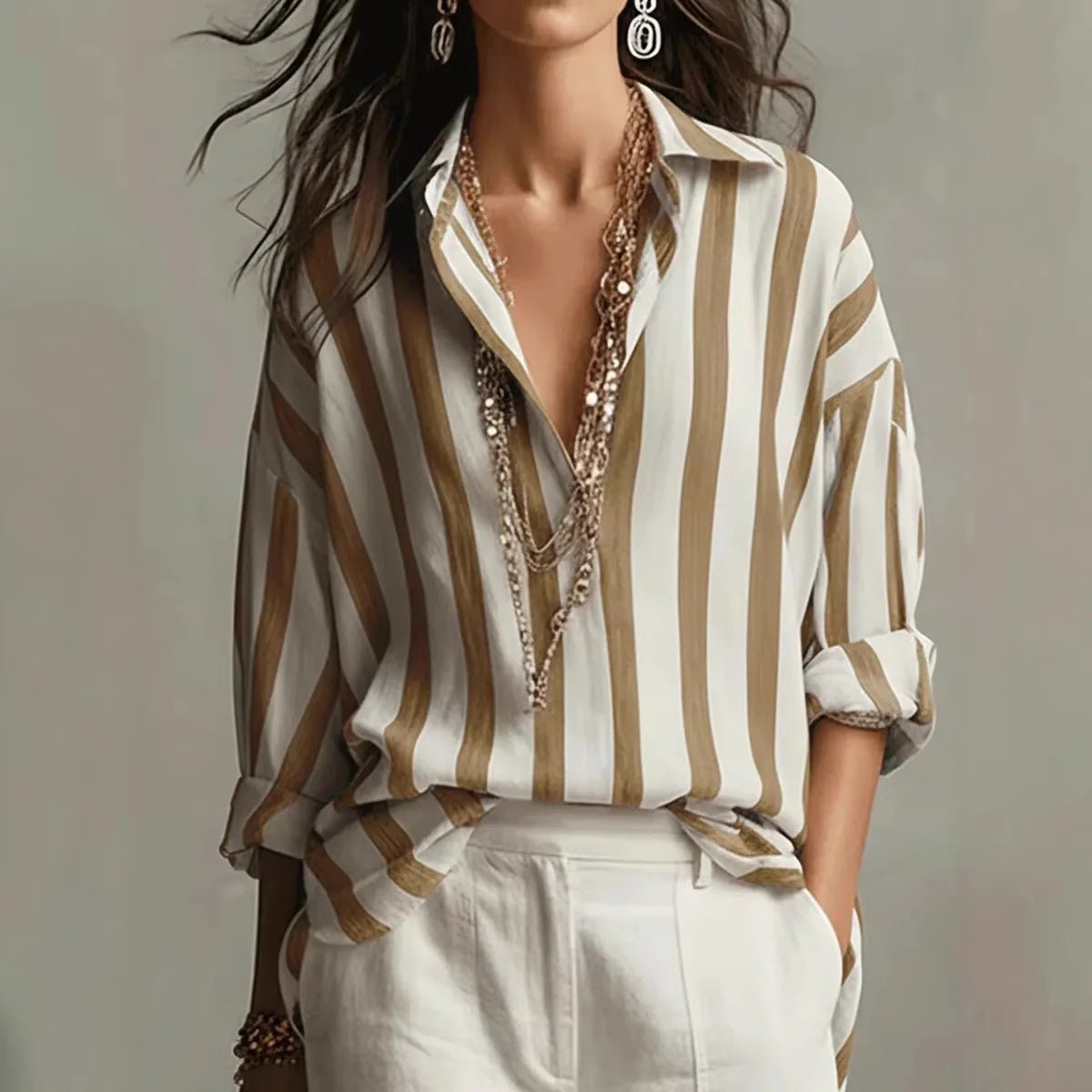 Women's Vertical Stripe Blouse with Open Collar