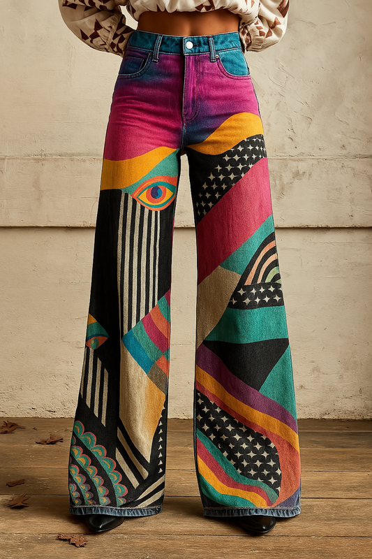 Women's Wide-Leg Pants with Graphic Print for Autumn Parties & Christmas Dinners